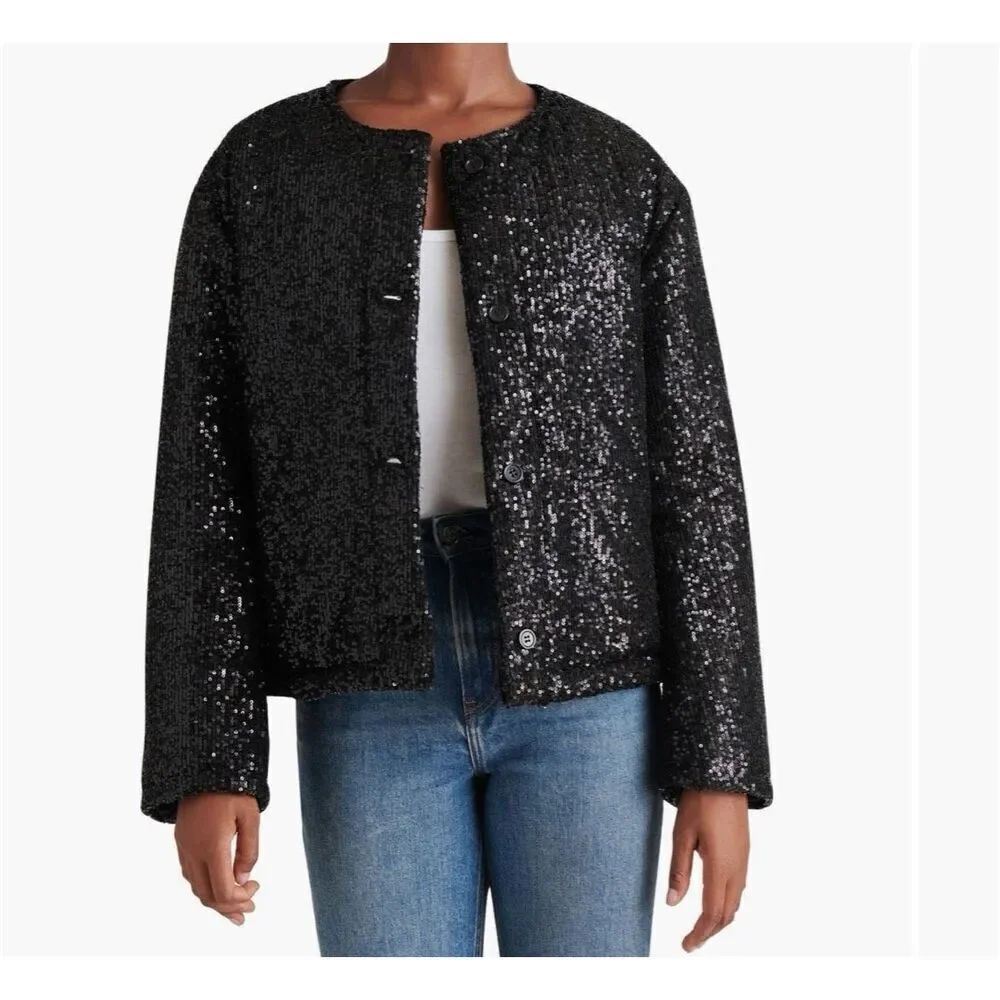 Steve Madden black sequined crop puffer jacket size S NWT